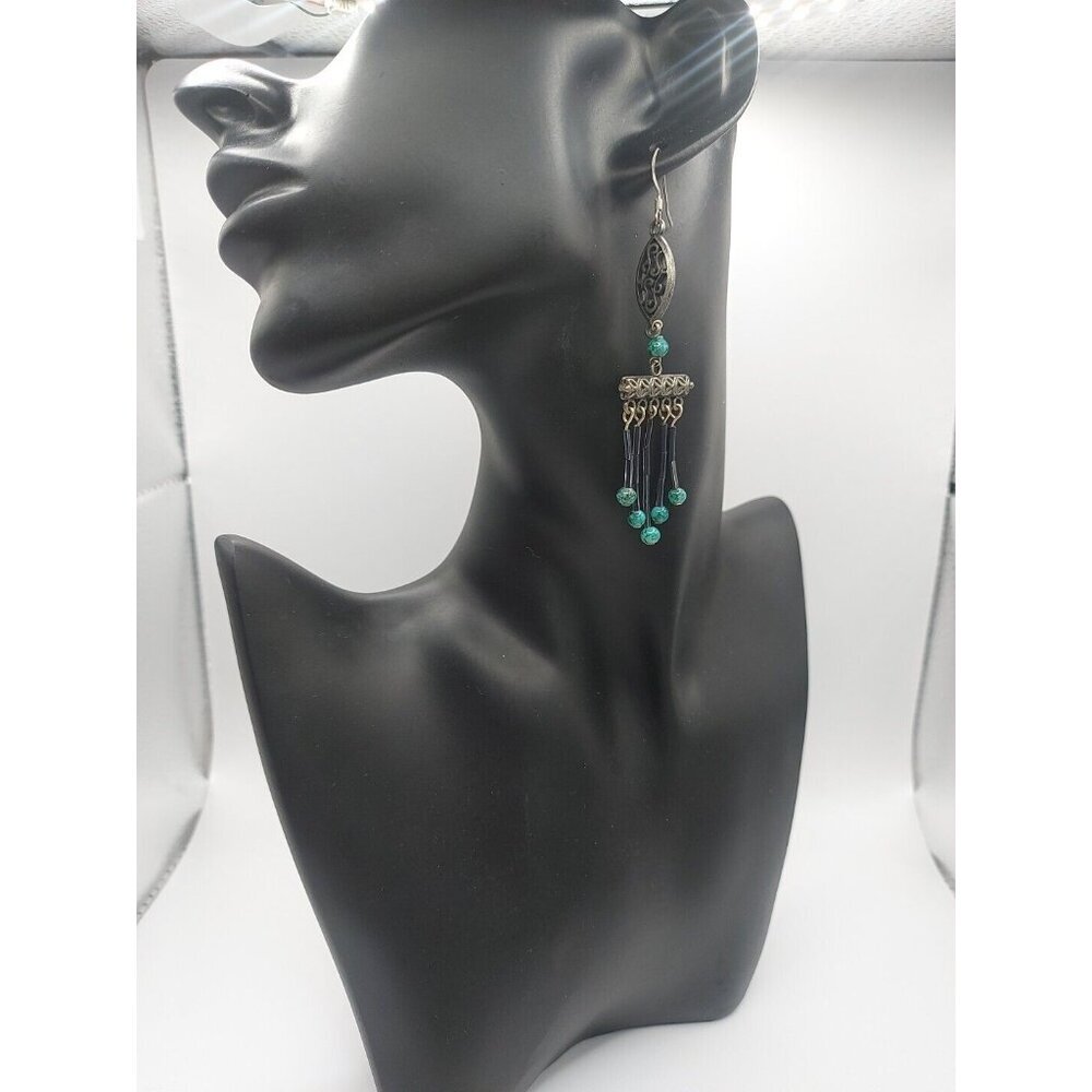 Boho 3.5" Dangle Earrings With Turquoise Beads 70s vintage